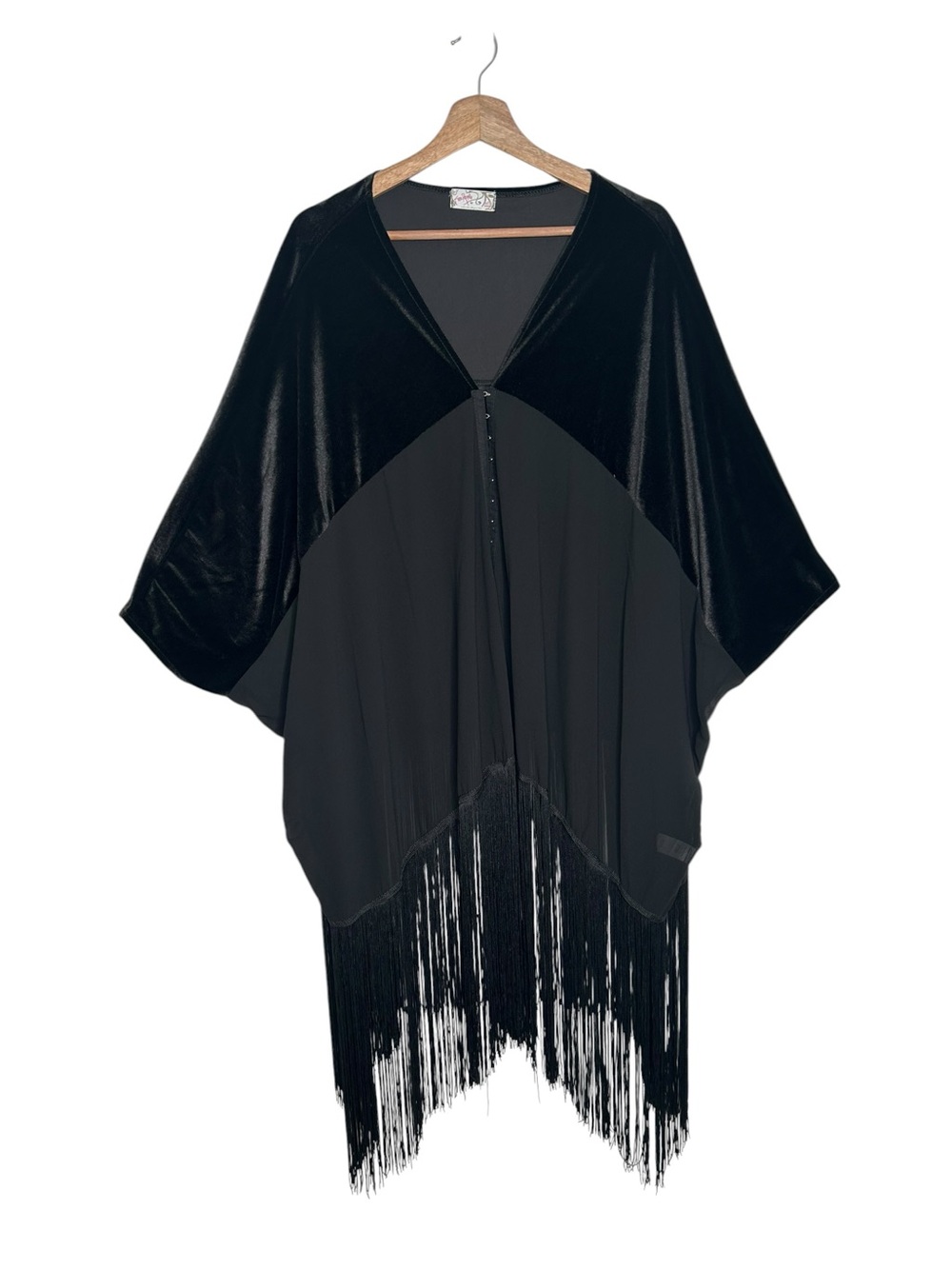 Vintage Free People Black Velvet & Sheer Fringe Poncho Kaftan Oversized One Size - Picture 3 of 10